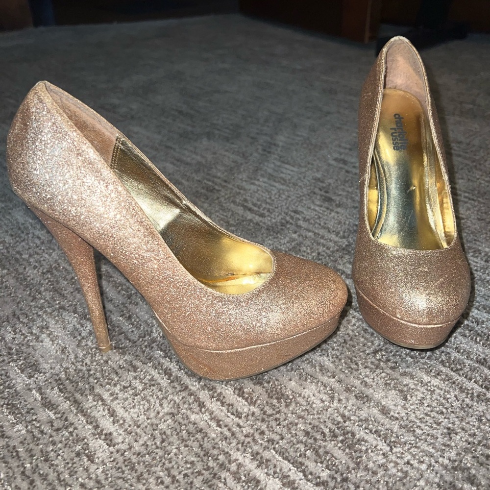 Charlotte Russe gold glitter stiletto pumps.